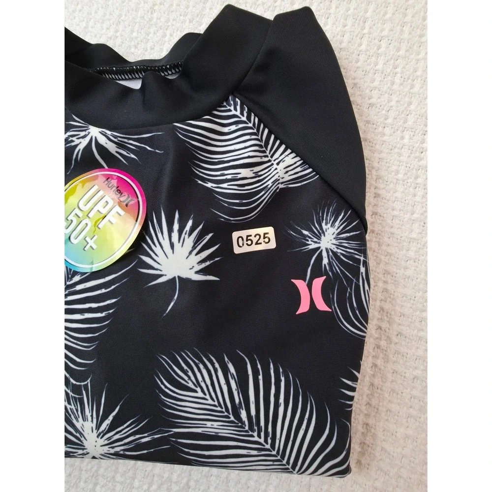 Hurley Rash Guard Girls Size 12 Black Sail New Tropical Long Sleeve UPF 50+ Top